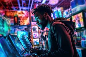 A young man scrutinizing a product against the backdrop of a crowded electronics store on Black Friday. Generative AI photo