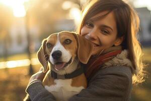 A woman hugging her beagle in the park. Generative AI photo