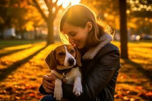 un mujer abrazando su beagle en el parque. generativo ai foto