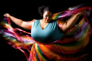 The plus - size woman mid - twirl, her arms extended as she spins a gymnastic ribbon with vivacious energy. Generative AI photo