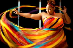 The plus - size woman mid - twirl, her arms extended as she spins a gymnastic ribbon with vivacious energy. Generative AI photo