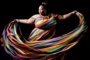 The plus - size woman mid - twirl, her arms extended as she spins a gymnastic ribbon with vivacious energy. Generative AI photo