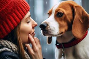 The woman is in close contact with her dog and they are posing nose-to-nose. Generative AI photo