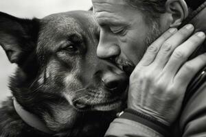 The shared moment between a man and his dog, their noses touching each other. Generative AI photo