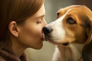 The woman is in close contact with her dog and they are posing nose-to-nose. Generative AI photo