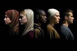 A row of diverse individuals, including a blond woman, a blond man, a woman with a hijab, and a Caucasian woman. Generative AI photo