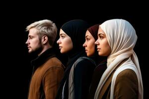 A row of diverse individuals, including a blond woman, a blond man, a woman with a hijab, and a Caucasian woman. Generative AI photo