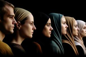 A row of diverse individuals, including a blond woman, a blond man, a woman with a hijab, and a Caucasian woman. Generative AI photo