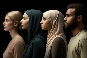 A row of diverse individuals, including a blond woman, a blond man, a woman with a hijab, and a Caucasian woman. Generative AI photo