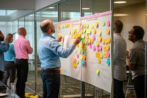 A close - up of a glass board, covered in colorful post - its and whiteboard marker strategies. Generative AI photo