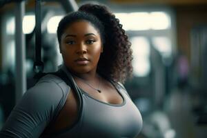 A plus - size woman in a gym, stretching before her workout. Generative AI photo