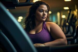 A plus - size woman in a gym, stretching before her workout. Generative AI photo