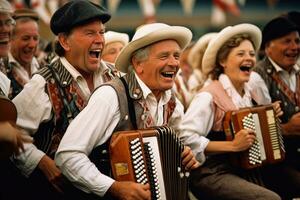 A lively Bavarian band performing on a festival stage. Generative AI photo