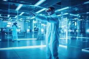 A man in a sleek, hi - tech lab manipulating a virtual reality interface. Generative AI photo