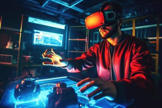 A man in a sleek, hi - tech lab manipulating a virtual reality interface. Generative AI photo