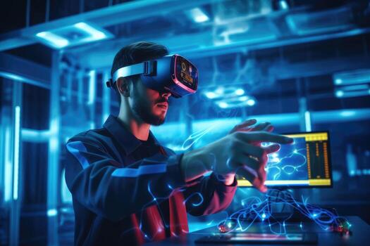 A man in a sleek, hi - tech lab manipulating a virtual reality interface. Generative AI photo