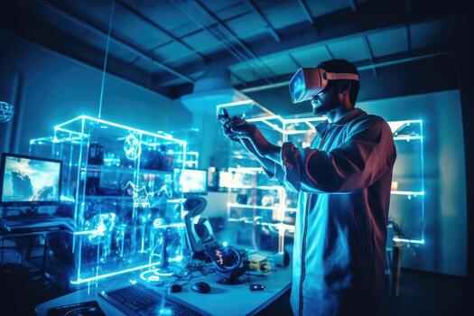 A man in a sleek, hi - tech lab manipulating a virtual reality interface. Generative AI photo