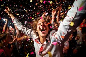 un energético multitud Disparo a un cumpleaños fiesta, con papel picado volador mediante el aire. generativo ai foto