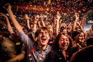 un energético multitud Disparo a un cumpleaños fiesta, con papel picado volador mediante el aire. generativo ai foto