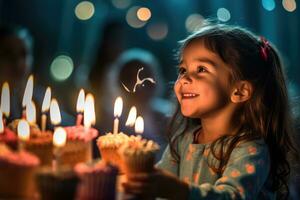 un vibrante y alegre cerca - arriba Disparo de un niño soplo fuera el velas en un cumpleaños pastel. generativo ai foto