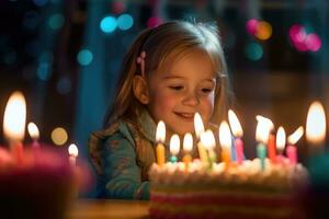 A vibrant and joyful close - up shot of a child blowing out the candles on a birthday cake. Generative AI photo