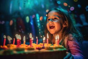 A vibrant and joyful close - up shot of a child blowing out the candles on a birthday cake. Generative AI photo