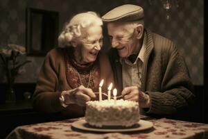 un retro - estilizado fotografía de un más viejo Pareja celebrando un cumpleaños. generativo ai foto