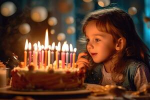 un vibrante y alegre cerca - arriba Disparo de un niño soplo fuera el velas en un cumpleaños pastel. generativo ai foto