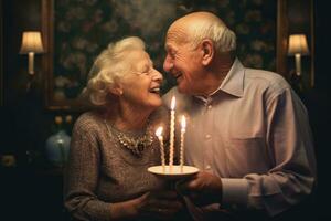 un retro - estilizado fotografía de un más viejo Pareja celebrando un cumpleaños. generativo ai foto