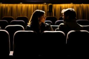 An abstract representation of a couple engrossed in a film at a theater. Generative AI photo