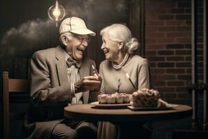 un retro - estilizado fotografía de un más viejo Pareja celebrando un cumpleaños. generativo ai foto