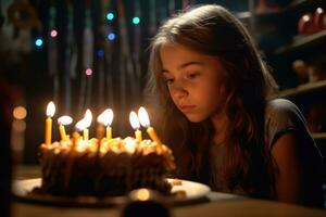 un perfil ver de un Adolescente niña haciendo un deseo antes de soplo fuera su cumpleaños velas generativo ai foto