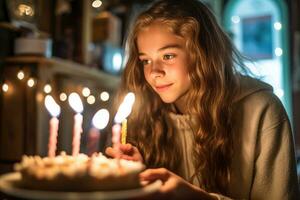 un perfil ver de un Adolescente niña haciendo un deseo antes de soplo fuera su cumpleaños velas generativo ai foto