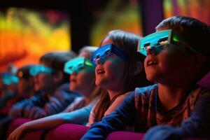 A contemporary scene of children in 3D glasses watching an adventure movie. Generative AI photo