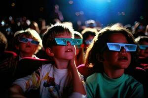 A contemporary scene of children in 3D glasses watching an adventure movie. Generative AI photo