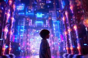 A young child, mouth agape in awe, during a CGI - laden epic fantasy movie. Generative AI photo