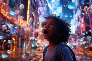 A young child, mouth agape in awe, during a CGI - laden epic fantasy movie. Generative AI photo