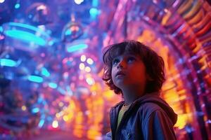 A young child, mouth agape in awe, during a CGI - laden epic fantasy movie. Generative AI photo