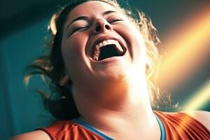 An energetic close - up shot capturing a playful, overweight woman mid - laugh during her fitness routine. Generative AI photo