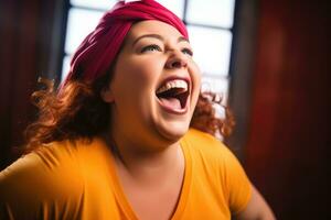 An energetic close - up shot capturing a playful, overweight woman mid - laugh during her fitness routine. Generative AI photo