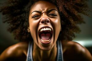 Close-up shot of cheerful woman exercising in gym. Generative AI photo