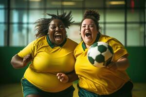 An energetic, full - body shot of two vivacious, plus - size young girls participating in a lively game of indoor soccer. Generative AI photo