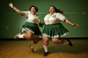 An energetic, full - body shot of two vivacious, plus - size young girls participating in a lively game of indoor soccer. Generative AI photo