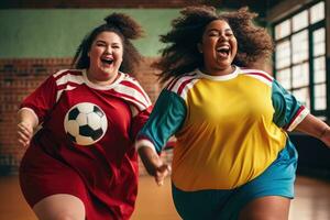 An energetic, full - body shot of two vivacious, plus - size young girls participating in a lively game of indoor soccer. Generative AI photo