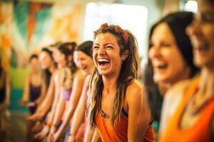 A front - facing view of a lively group of 20 - year - old girls engaged in a high - energy indoor yoga session. Generative AI photo