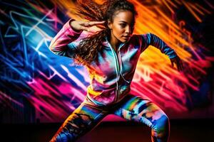 An engaging contemporary portrait of a 20 - year - old sporty young woman in an expressive pose amidst an energetic dance routine. Generative AI photo