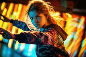 An engaging contemporary portrait of a 20 - year - old sporty young woman in an expressive pose amidst an energetic dance routine. Generative AI photo