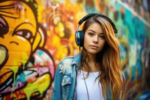 A photo - realistic, vibrant shot capturing a teenage girl immersed in her music in front of a graffiti - covered urban wall. Generative AI