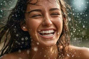 un cerca - arriba foto de un contento mujer modelo con agua salpicaduras, enfatizando el concepto de protección de la piel hidratación y belleza. generativo ai