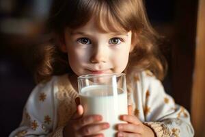 A close - up shot of a small, adorable girl holding a glass of milk with both hands, her lips touching the rim as she takes a sip. Generative AI photo